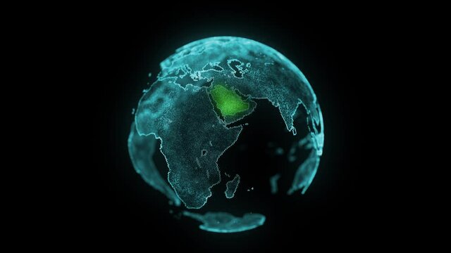 Saudi Arabia Map Hologram Effect, KSA Digital Global Map, Riyadh Zoom Out