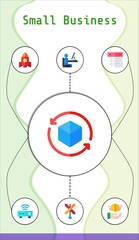 small business editable infographic template with icons of calendar, router, railroad, rocket, cube, savings, support