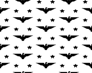 Retro computer game. Black Eagles and Stars on white screen. Vintage pixel art seamless pattern. 