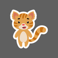 Cute little baby cat sticker. Cartoon animal character for kids cards, baby shower, birthday invitation, house interior. Bright colored childish vector illustration in cartoon style.