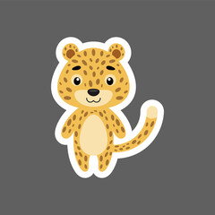 Cute little baby cheetah sticker. Cartoon animal character for kids cards, baby shower, birthday invitation, house interior. Bright colored childish vector illustration in cartoon style.