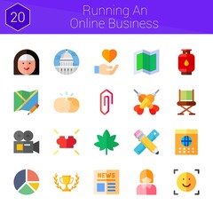 running an online business icon set. 20 flat icons on theme running an online business. collection of calendar, newspaper, business woman, hand shake, chair, video camera, marijuana