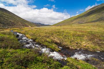 Fototapeta na wymiar Beautiful summer arctic landscape. View of a small stream in the tundra, flowing from the lakes in the valley between the hills. In the distance, a small figure of a fisherman with a fishing rod.