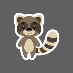 Cute little baby raccoon sticker. Cartoon animal character for kids cards, baby shower, birthday invitation, house interior. Bright colored childish vector illustration in cartoon style.