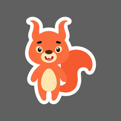 Cute little baby squirrel sticker. Cartoon animal character for kids cards, baby shower, birthday invitation, house interior. Bright colored childish vector illustration in cartoon style.