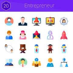 entrepreneur icon set. 20 flat icons on theme entrepreneur. collection of clerk, characters, director, time management, startup, men, projection, man, businesswoman, businessman