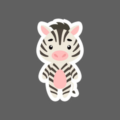 Fototapeta na wymiar Cute little baby zebra sticker. Cartoon animal character for kids cards, baby shower, birthday invitation, house interior. Bright colored childish vector illustration in cartoon style.