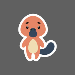 Cute little baby platypus sticker. Cartoon animal character for kids cards, baby shower, birthday invitation, house interior. Bright colored childish vector illustration in cartoon style.