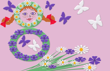 3 D - rendering. On a pink background Number 8 in flowers. In the upper circle is the face of a red-haired girl with freckles. Nearby lies a bouquet of flowers and butterflies fly.