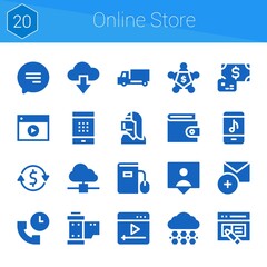 online store icon set. 20 filled icons on theme online store. collection of Add, Cloud computing, Support, Meeting, Wallet, Followers, Delivery truck, Call center, Payment