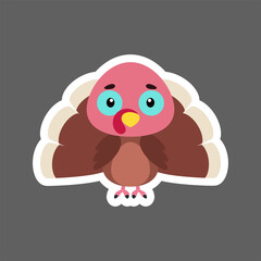 Cute little baby turkey sticker. Cartoon animal character for kids cards, baby shower, birthday invitation, house interior. Bright colored childish vector illustration in cartoon style.