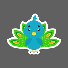 Cute little baby peacock sticker. Cartoon animal character for kids cards, baby shower, birthday invitation, house interior. Bright colored childish vector illustration in cartoon style.