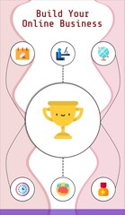 build your online business editable infographic template with icons of calendar, globe, money, clock, brain, trophy, support