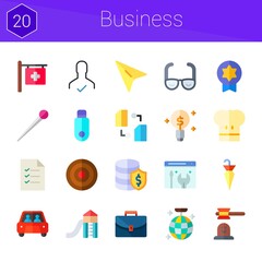 business icon set. 20 flat icons on theme business. collection of cursor, slider, chef hat, suitcase, umbrella, disco ball, list, sharing, vision, badge, database, pin