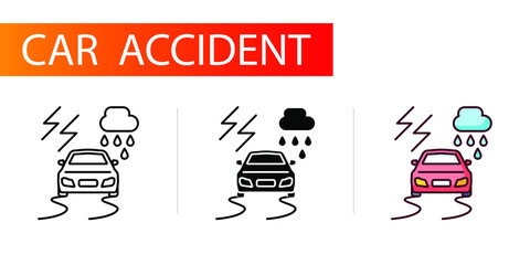 icons set, car accident, difficult weather conditions