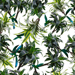 Vector seamless pattern bright green Dracaena palm leaves and branches isolated on white background. Floral textile design elements in triangular low poly style. 