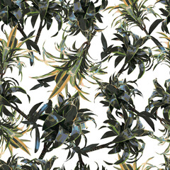 Vector seamless pattern green Dracaena palm leaves and branches isolated on white background. Floral textile design elements in triangular low poly style. 