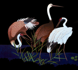 Cranes at a watering place on a black background, painting with acrylic paints