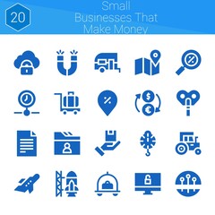 small businesses that make money icon set. 20 filled icons on theme small businesses that make money. collection of Automaton, Percentage, Scale, Luggage, Folder, Security