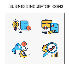 Business incubator color icons set. Startup company. Marketing assistance, tax declaration. Startup agreement. Profitable investment. Isolated vector illustrations