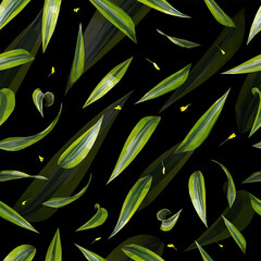 Vector seamless pattern green Dracaena leaves with little yellow Acacia flower isolated on black background. Floral design elements in triangular low poly style. 