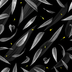 Vector seamless pattern grey Dracaena leaves with little yellow Acacia flower isolated on black background. Floral design elements in triangular low poly style. 