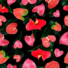 Vector bright red seamless pattern Anthurium flowers isolated on black background. Floral heart shape design elements in low poly style. 