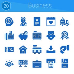 business icon set. 20 filled icons on theme business. collection of Owl, Dog house, Cash register, Keyboard, Calendar, Invitation, Roadblock, Delivery truck, View, Avatar