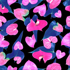 Vector bright  neon pink seamless pattern Anthurium flowers isolated on black background. Floral heart shape design elements in low poly style.