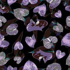 Vector dark purple seamless pattern Anthurium flowers isolated on black background. Floral heart shape design elements in low poly style.