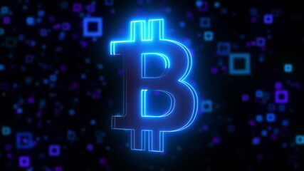 Computer generated neon bitcoin symbol with blue light effect. 3d rendering of crypto currency logo against the background of blurred particles