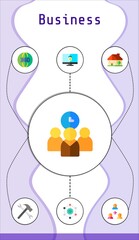 business editable infographic template with icons of 360 degrees, add user, time management, networking, monitor, house, tools