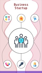 business startup editable infographic template with icons of karaoke, workflow, maid, house, click, conversation, group