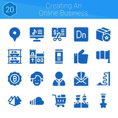 creating an online business icon set. 20 filled icons on theme creating an online business. collection of Church, Parkings, Friends, Bitcoin, Shopping cart, Dimension, Manager