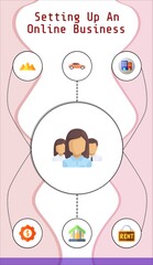 setting up an online business editable infographic template with icons of automobile, city, financial, pyramid, cabin, rent, network