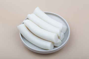 Bar rice cake korean food. stick of rounded rice cake.