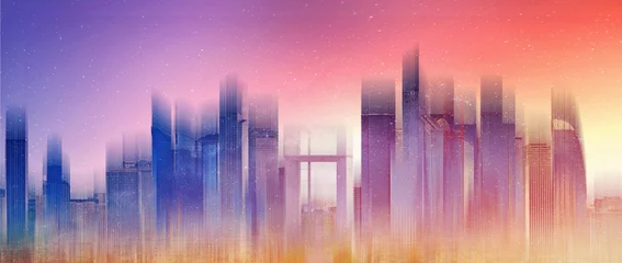 Foto op Plexiglas Lavendel De skyline van de stad van de silhouet wolkenkrabber. Abstracte stad achtergrond