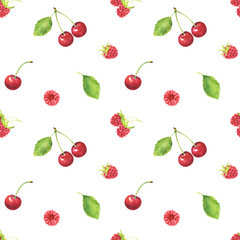 Seamless pattern with watercolor raspberries, cherries and leaves isolated on white background.