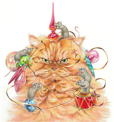 Realistic illustration drawn by colored pencils. Mice decorate a displeased cat with Christmas toys.