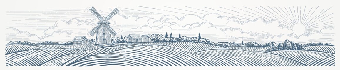 Rural landscape panoramic format with a Windmill. Hand drawn Illustration in engraving style.
