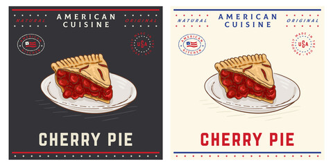 Cherry pie a piece of cake on plate tasty retro illustration