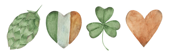 Saint patrick's day watercolor set. Green hops, orange heart, clover, Irish flag. Spring holiday. Isolated over white background.
