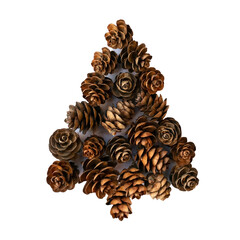 Design element with christmas tree made of fir tree cones isolated on white background. Greeting card detailes