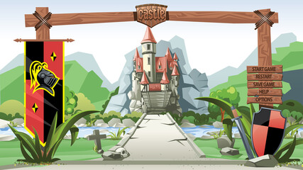 Cartoon style of a medieval castle, can be as a cover of the game.
