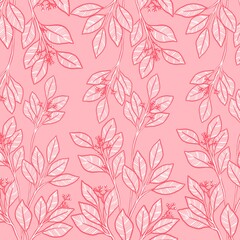 A pattern of contour red leaves on a delicate pink background.  Trendy illustrated vector drawing for corporate identity, stationery, packaging and wallpaper.  Minimalistic floral background.