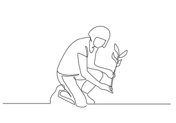 Fototapeta na wymiar Woman Plants Flowers Continuous Line Drawing. Gardening Works Concept. Ecology. Woman with Flower One Line Illustration Minimalist Contour Drawing. Vector EPS 10.