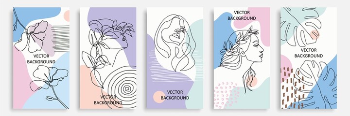 Modern Trendy Cards Set with Line Art Elements, Women Faces, Flowers, Leaves. Abstract Banners Collection. Trendy Minimalist Poster Line Art Design. Minimal Abstract Background. Vector EPS 10.