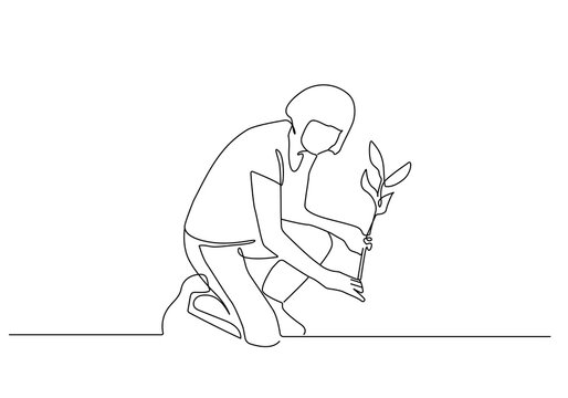 Woman Plants Flowers Continuous Line Drawing. Gardening Works Concept. Ecology. Woman With Flower One Line Illustration Minimalist Contour Drawing. Vector EPS 10.