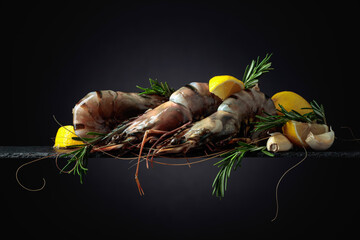 Fresh tiger prawns with lemon, rosemary and garlic on a black background.
