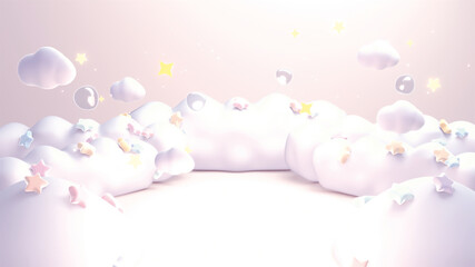 3d render soft dreamy pastel stars and clouds.